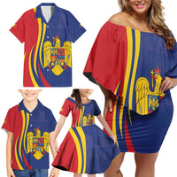 Romania Flag Day Personalized Family Matching Off Shoulder Short Dress and Hawaiian Shirt National Golden Eagle