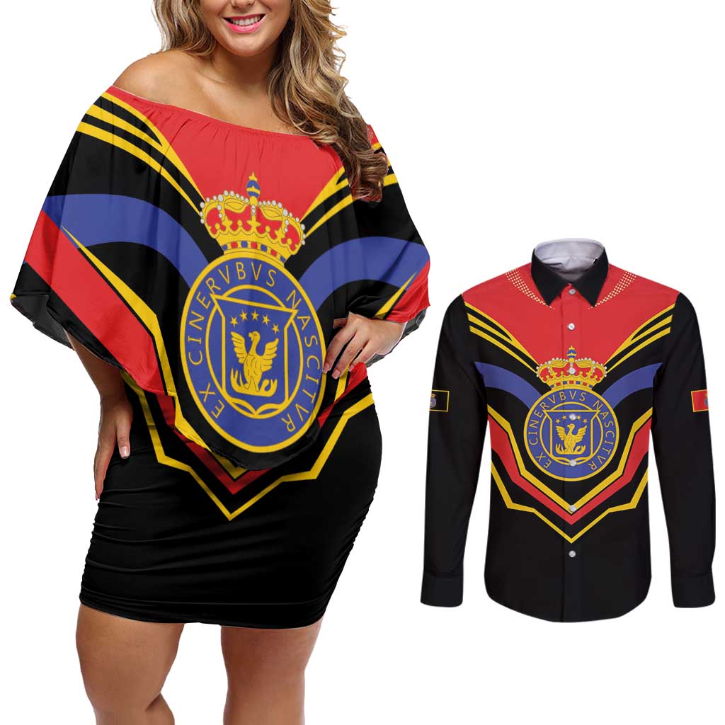 Haiti 1814-1820 Personalized Couples Matching Off Shoulder Short Dress and Long Sleeve Button Shirt Haitian Flag of the Kingdom