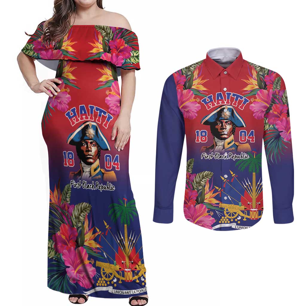 Haiti Toussaint Louverture Personalized Couples Matching Off Shoulder Maxi Dress and Long Sleeve Button Shirt Haitian Revolution 1804