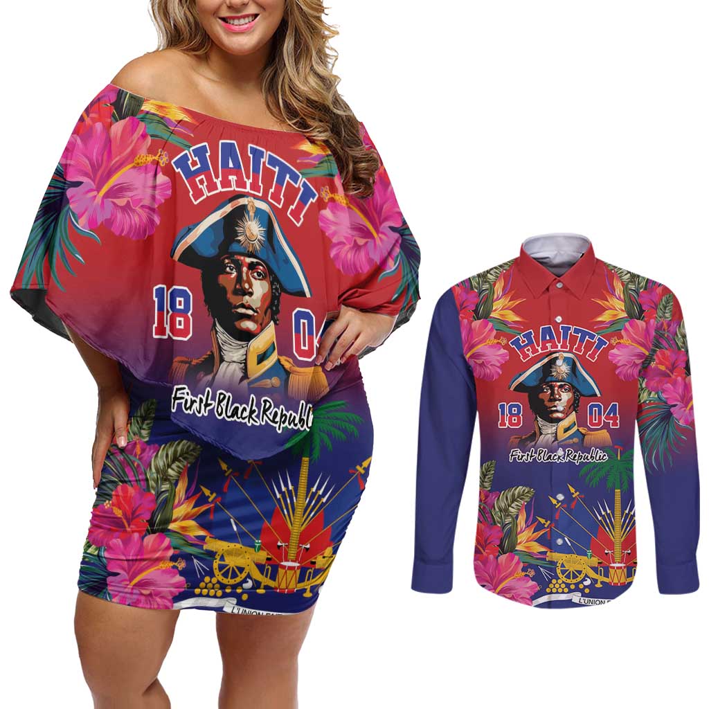 Haiti Toussaint Louverture Personalized Couples Matching Off Shoulder Short Dress and Long Sleeve Button Shirt Haitian Revolution 1804