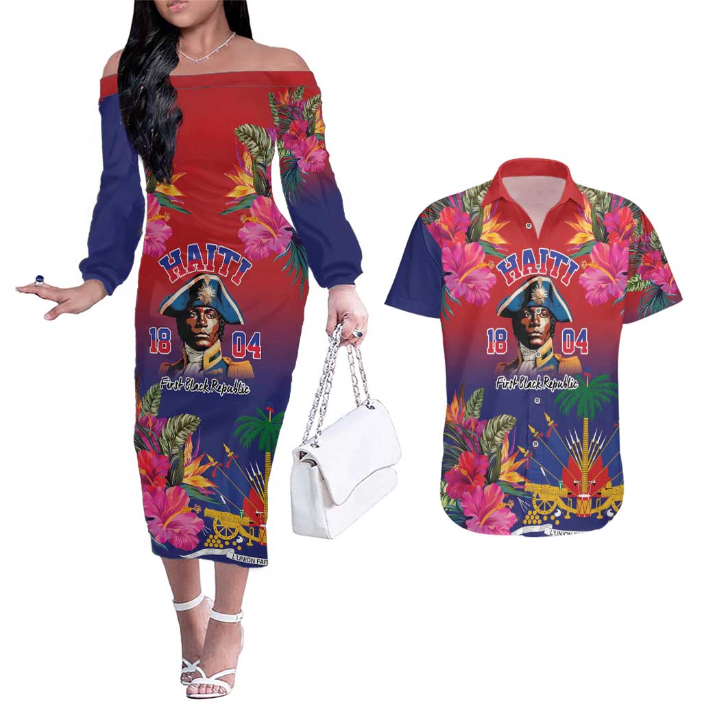 Haiti Toussaint Louverture Personalized Couples Matching Off The Shoulder Long Sleeve Dress and Hawaiian Shirt Haitian Revolution 1804