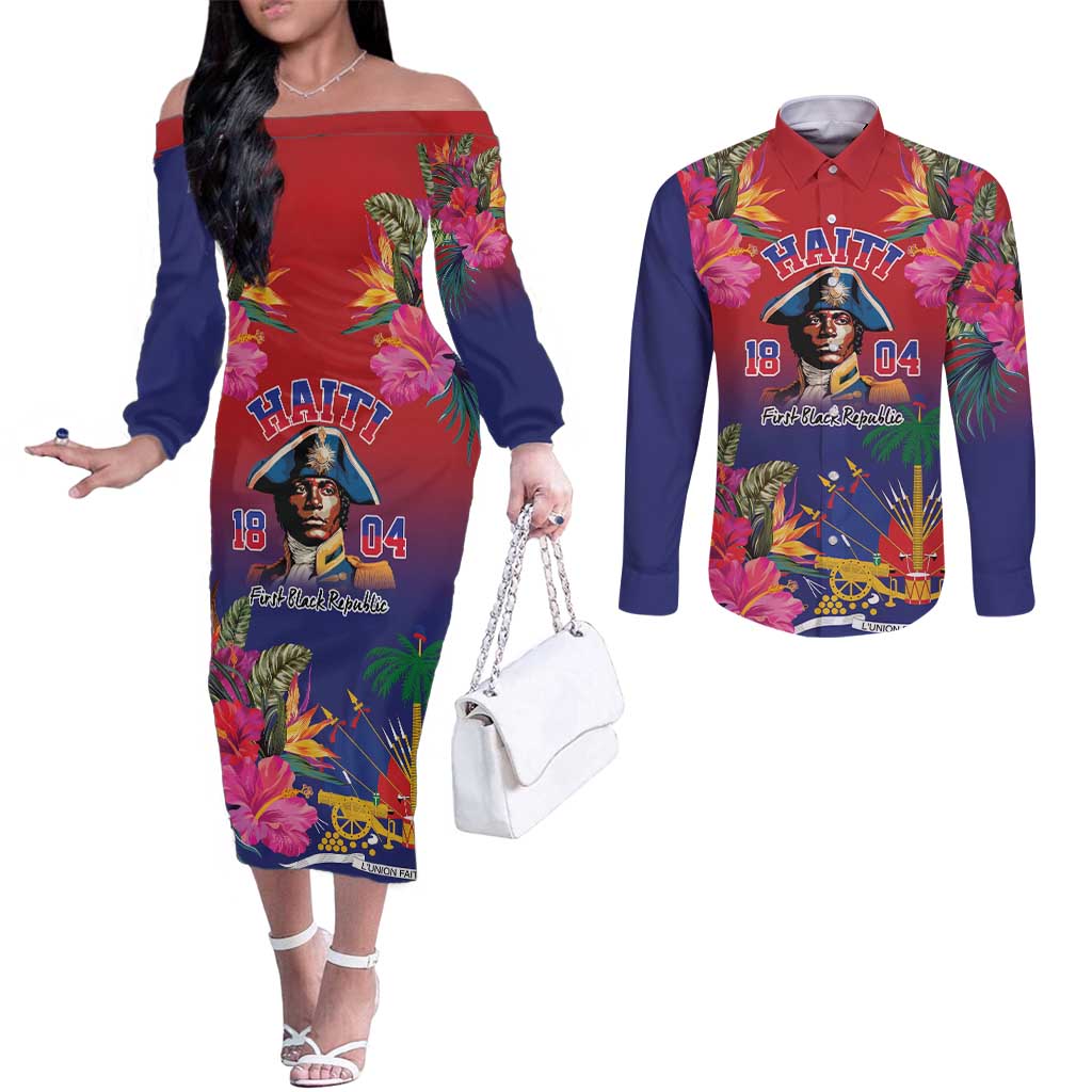 Haiti Toussaint Louverture Personalized Couples Matching Off The Shoulder Long Sleeve Dress and Long Sleeve Button Shirt Haitian Revolution 1804