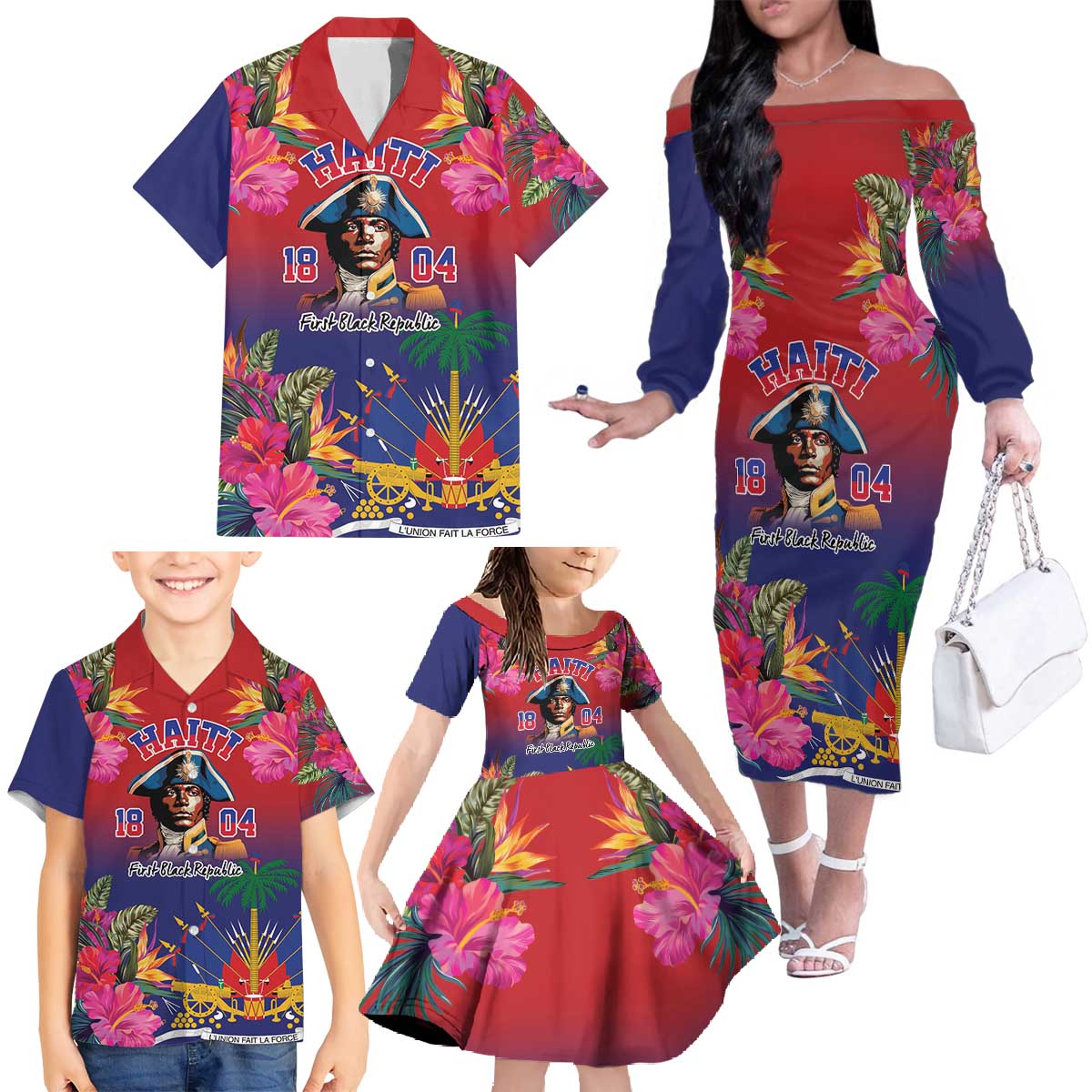 Haiti Toussaint Louverture Personalized Family Matching Off The Shoulder Long Sleeve Dress and Hawaiian Shirt Haitian Revolution 1804