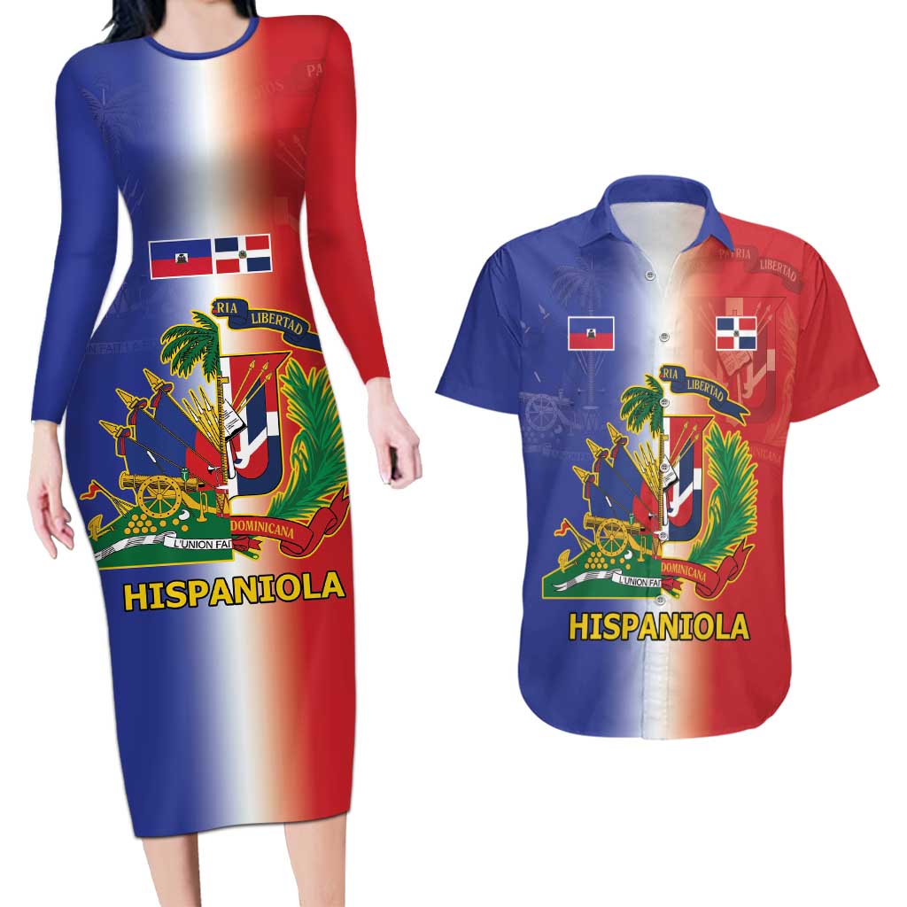 Hispaniola Personalized Couples Matching Long Sleeve Bodycon Dress and Hawaiian Shirt Dominican Republic Haiti Map