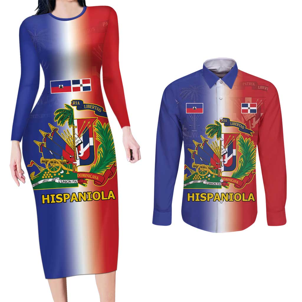 Hispaniola Personalized Couples Matching Long Sleeve Bodycon Dress and Long Sleeve Button Shirt Dominican Republic Haiti Map