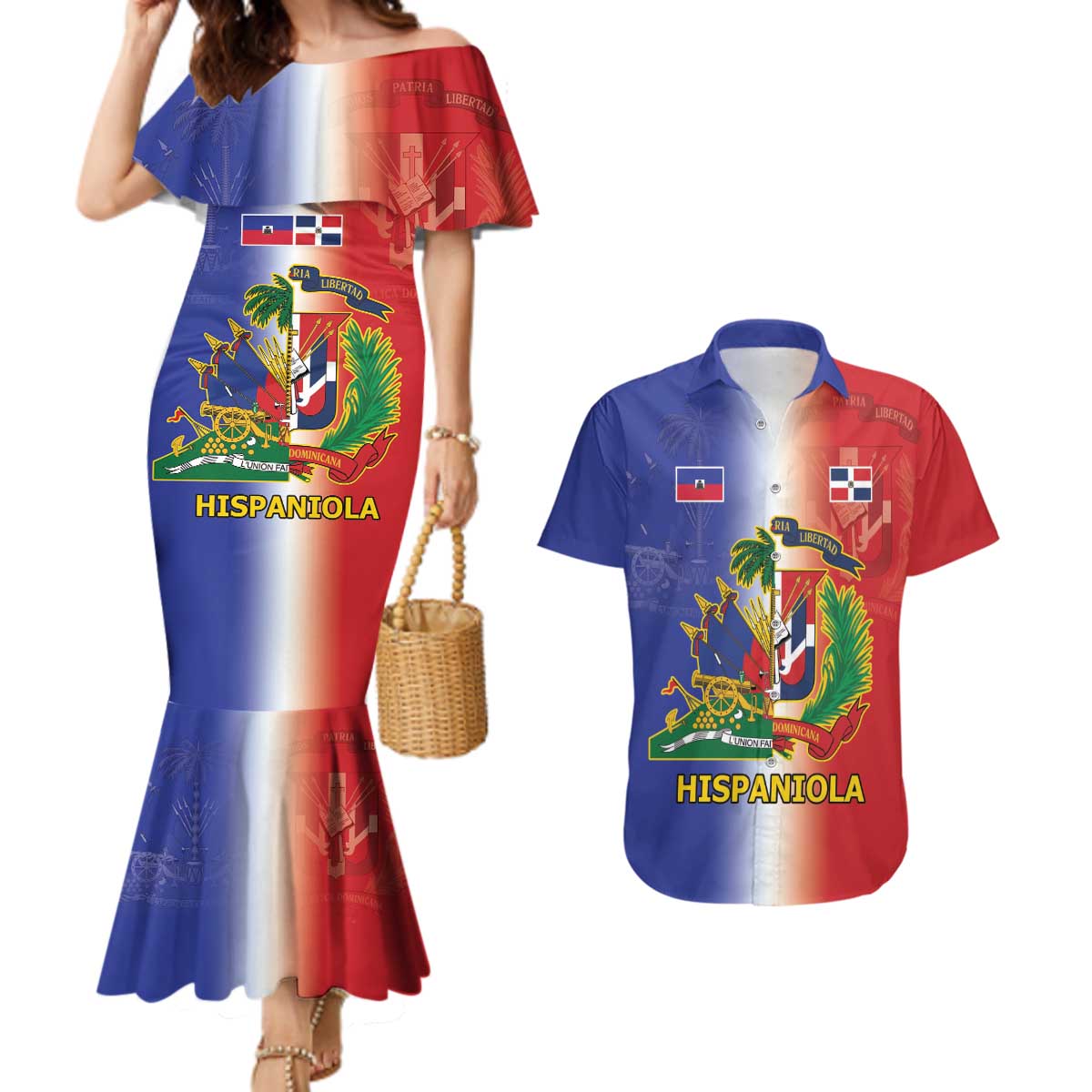 Hispaniola Personalized Couples Matching Mermaid Dress and Hawaiian Shirt Dominican Republic Haiti Map