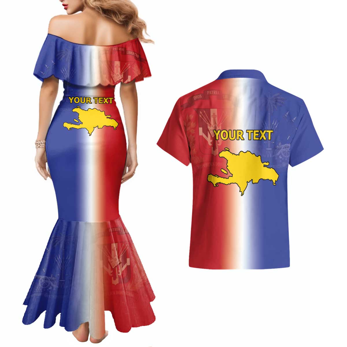 Hispaniola Personalized Couples Matching Mermaid Dress and Hawaiian Shirt Dominican Republic Haiti Map