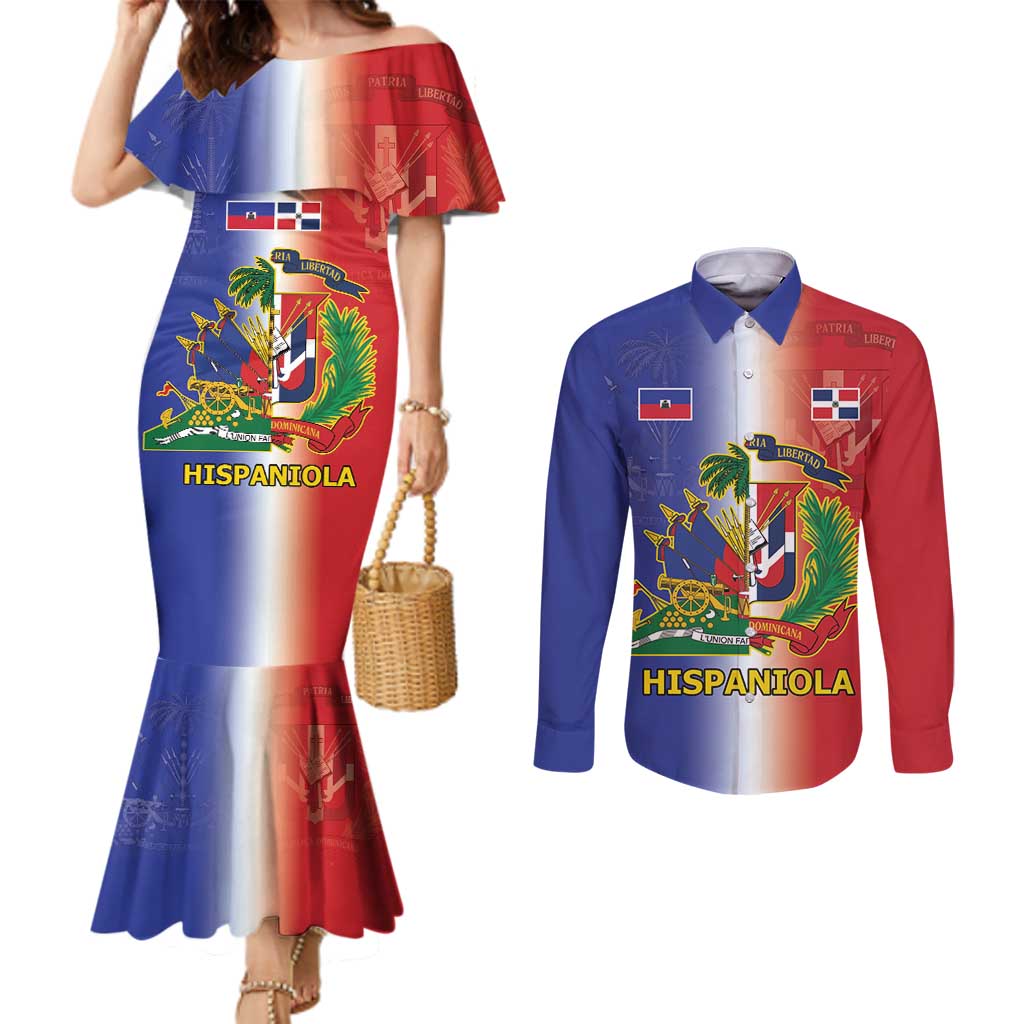 Hispaniola Personalized Couples Matching Mermaid Dress and Long Sleeve Button Shirt Dominican Republic Haiti Map