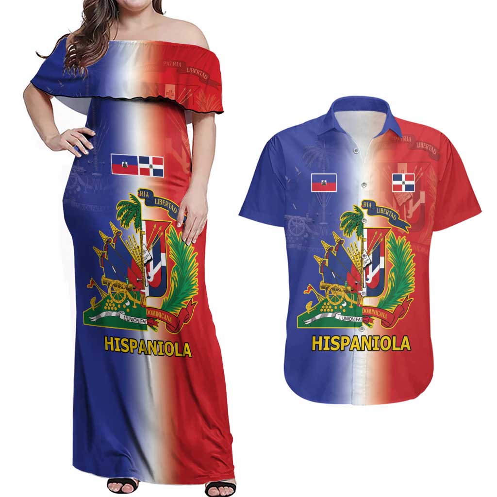 Hispaniola Personalized Couples Matching Off Shoulder Maxi Dress and Hawaiian Shirt Dominican Republic Haiti Map