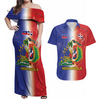 Hispaniola Personalized Couples Matching Off Shoulder Maxi Dress and Hawaiian Shirt Dominican Republic Haiti Map