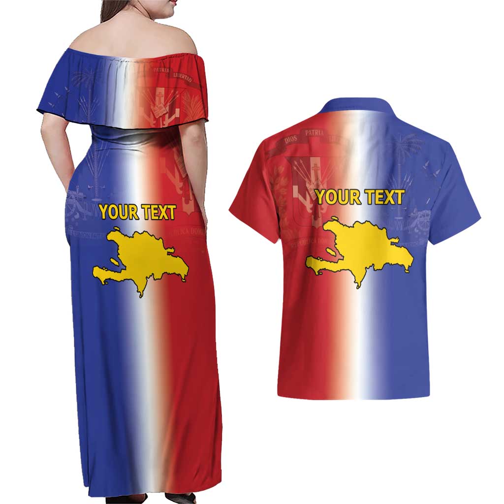 Hispaniola Personalized Couples Matching Off Shoulder Maxi Dress and Hawaiian Shirt Dominican Republic Haiti Map