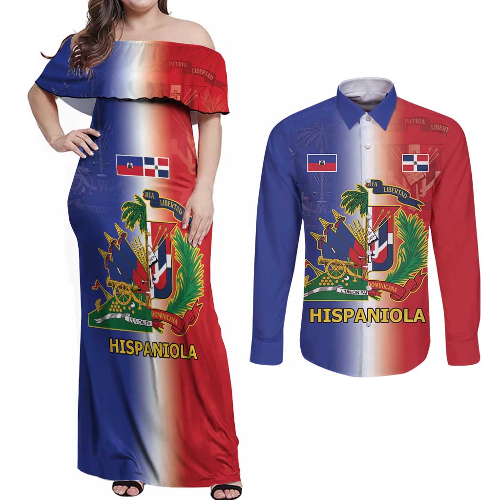 Hispaniola Personalized Couples Matching Off Shoulder Maxi Dress and Long Sleeve Button Shirt Dominican Republic Haiti Map