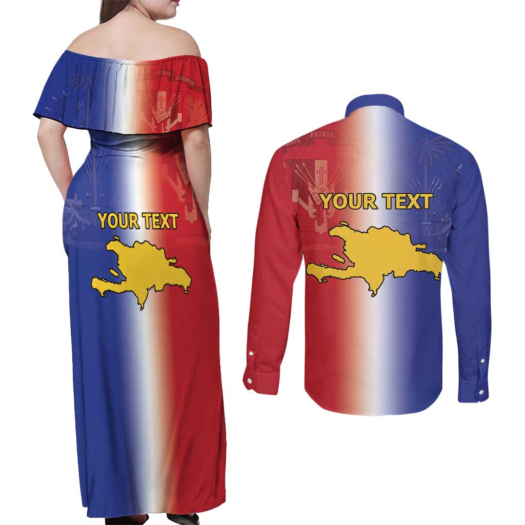 Hispaniola Personalized Couples Matching Off Shoulder Maxi Dress and Long Sleeve Button Shirt Dominican Republic Haiti Map