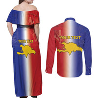 Hispaniola Personalized Couples Matching Off Shoulder Maxi Dress and Long Sleeve Button Shirt Dominican Republic Haiti Map