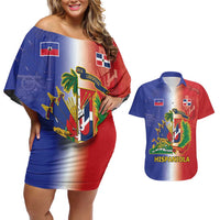 Hispaniola Personalized Couples Matching Off Shoulder Short Dress and Hawaiian Shirt Dominican Republic Haiti Map