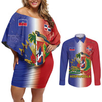 Hispaniola Personalized Couples Matching Off Shoulder Short Dress and Long Sleeve Button Shirt Dominican Republic Haiti Map