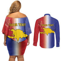 Hispaniola Personalized Couples Matching Off Shoulder Short Dress and Long Sleeve Button Shirt Dominican Republic Haiti Map