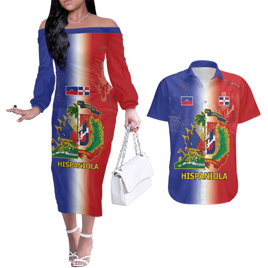 Hispaniola Personalized Couples Matching Off The Shoulder Long Sleeve Dress and Hawaiian Shirt Dominican Republic Haiti Map