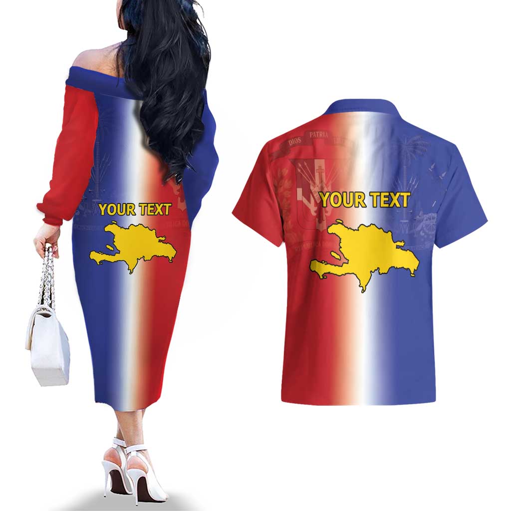 Hispaniola Personalized Couples Matching Off The Shoulder Long Sleeve Dress and Hawaiian Shirt Dominican Republic Haiti Map