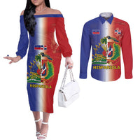 Hispaniola Personalized Couples Matching Off The Shoulder Long Sleeve Dress and Long Sleeve Button Shirt Dominican Republic Haiti Map