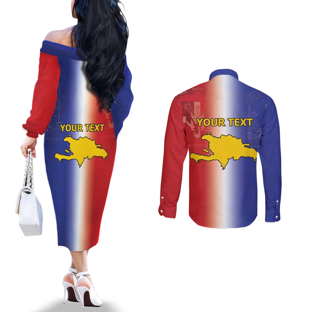 Hispaniola Personalized Couples Matching Off The Shoulder Long Sleeve Dress and Long Sleeve Button Shirt Dominican Republic Haiti Map