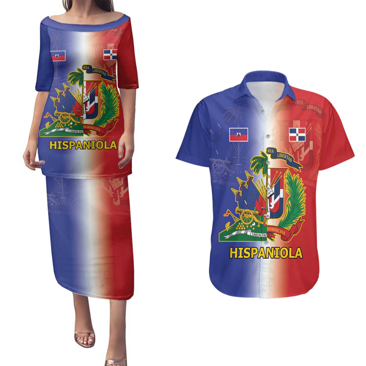 Hispaniola Personalized Couples Matching Puletasi and Hawaiian Shirt Dominican Republic Haiti Map
