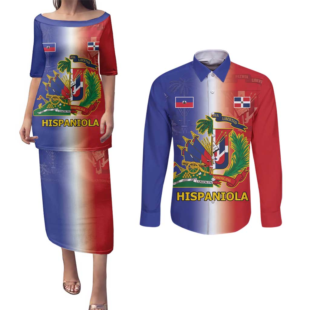Hispaniola Personalized Couples Matching Puletasi and Long Sleeve Button Shirt Dominican Republic Haiti Map