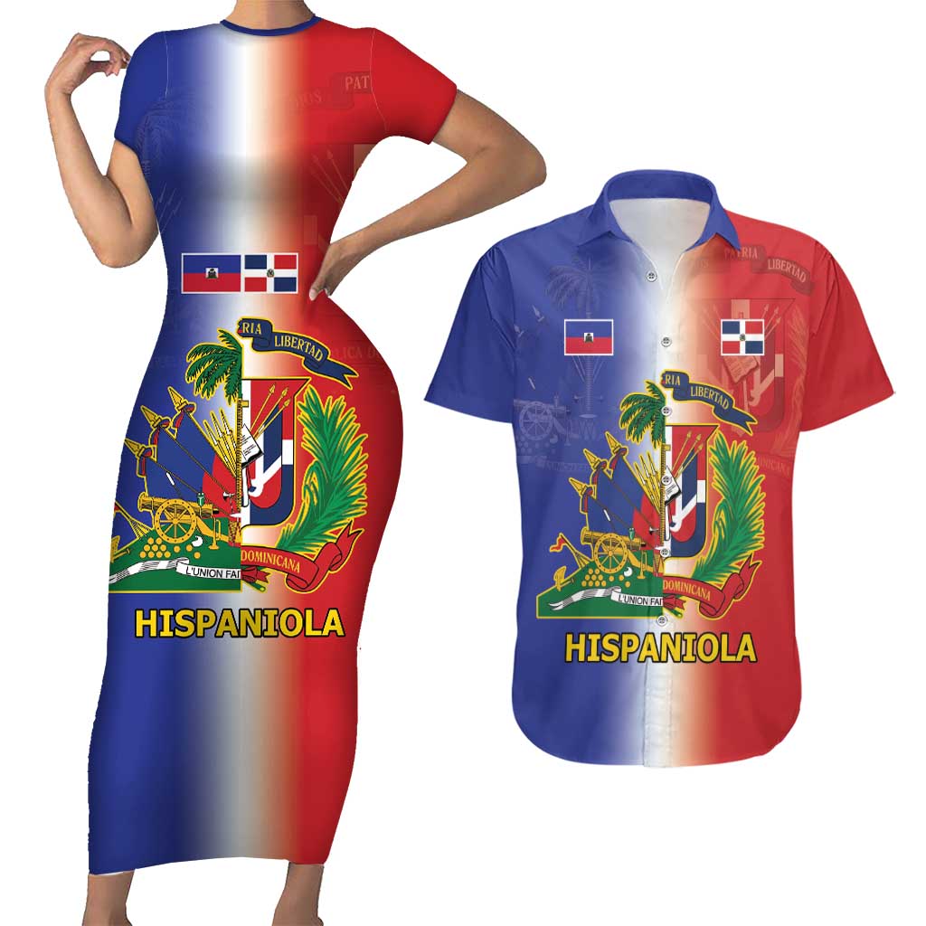 Hispaniola Personalized Couples Matching Short Sleeve Bodycon Dress and Hawaiian Shirt Dominican Republic Haiti Map