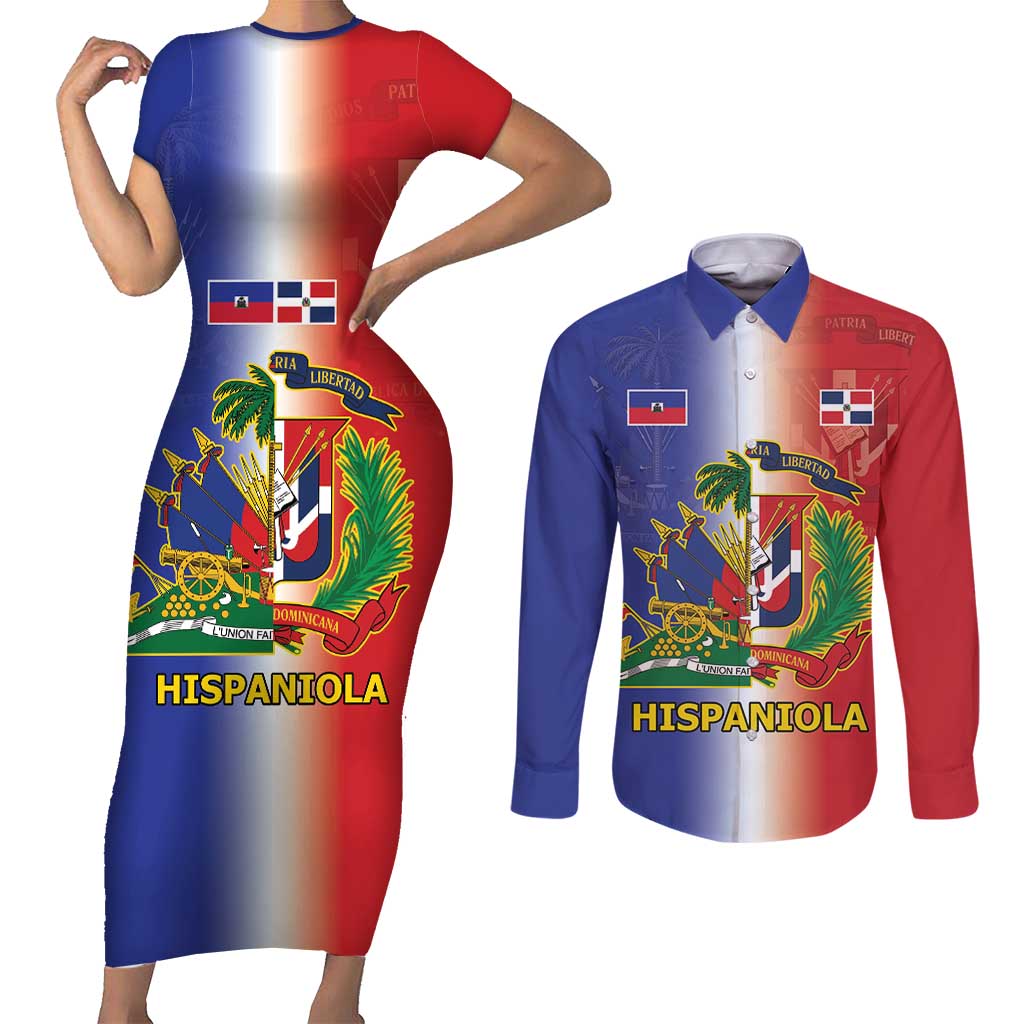 Hispaniola Personalized Couples Matching Short Sleeve Bodycon Dress and Long Sleeve Button Shirt Dominican Republic Haiti Map