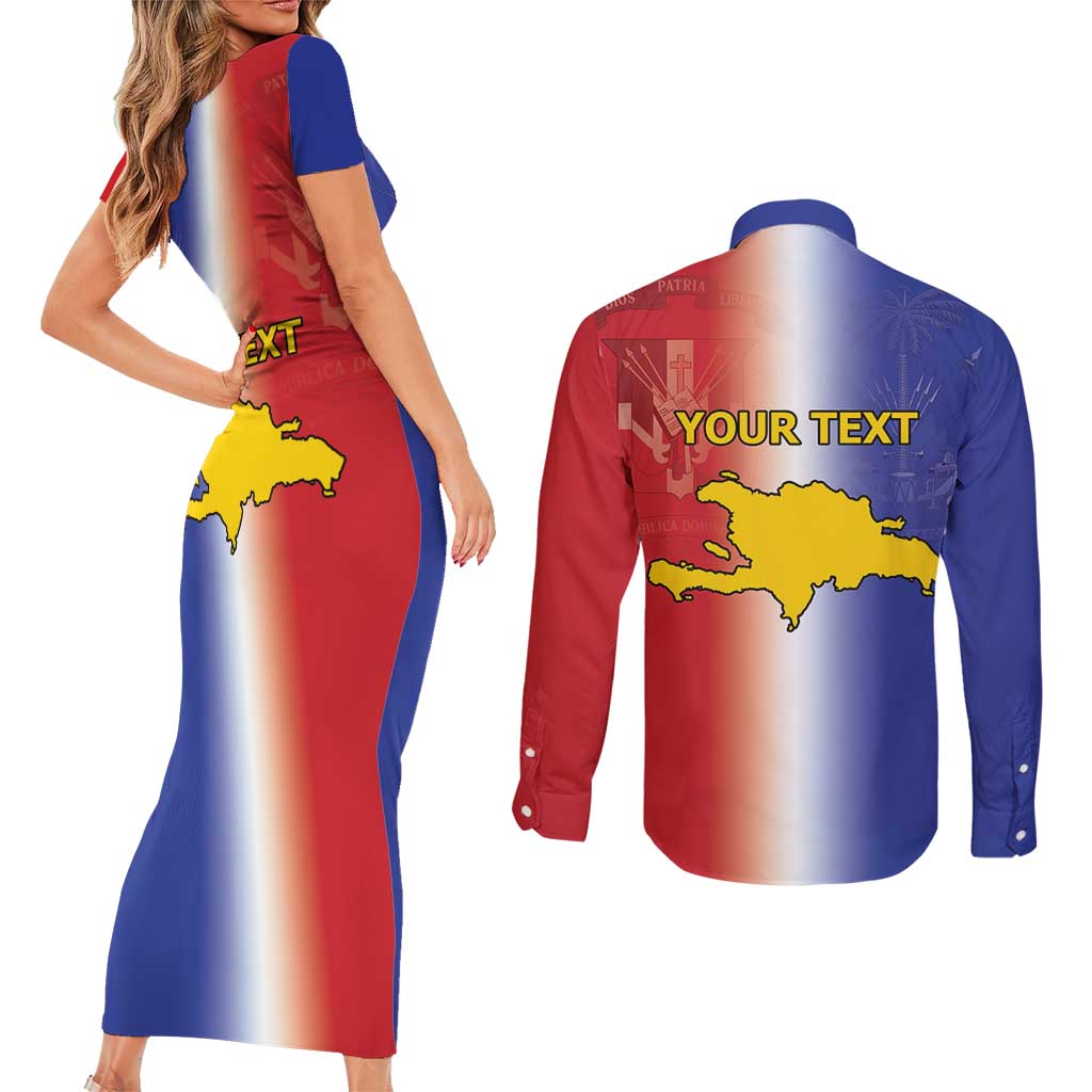 Hispaniola Personalized Couples Matching Short Sleeve Bodycon Dress and Long Sleeve Button Shirt Dominican Republic Haiti Map