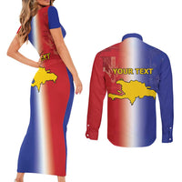 Hispaniola Personalized Couples Matching Short Sleeve Bodycon Dress and Long Sleeve Button Shirt Dominican Republic Haiti Map