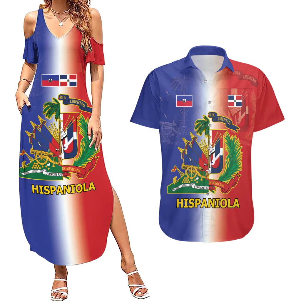 Hispaniola Personalized Couples Matching Summer Maxi Dress and Hawaiian Shirt Dominican Republic Haiti Map