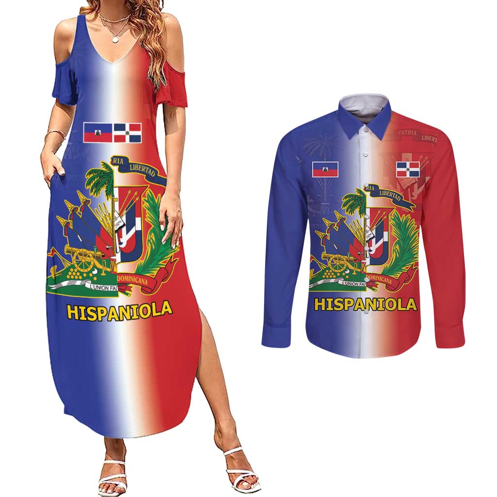 Hispaniola Personalized Couples Matching Summer Maxi Dress and Long Sleeve Button Shirt Dominican Republic Haiti Map