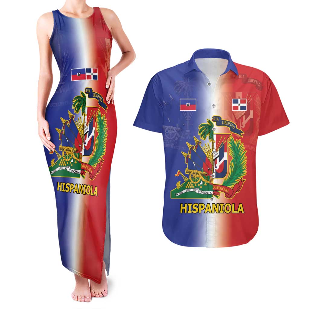 Hispaniola Personalized Couples Matching Tank Maxi Dress and Hawaiian Shirt Dominican Republic Haiti Map