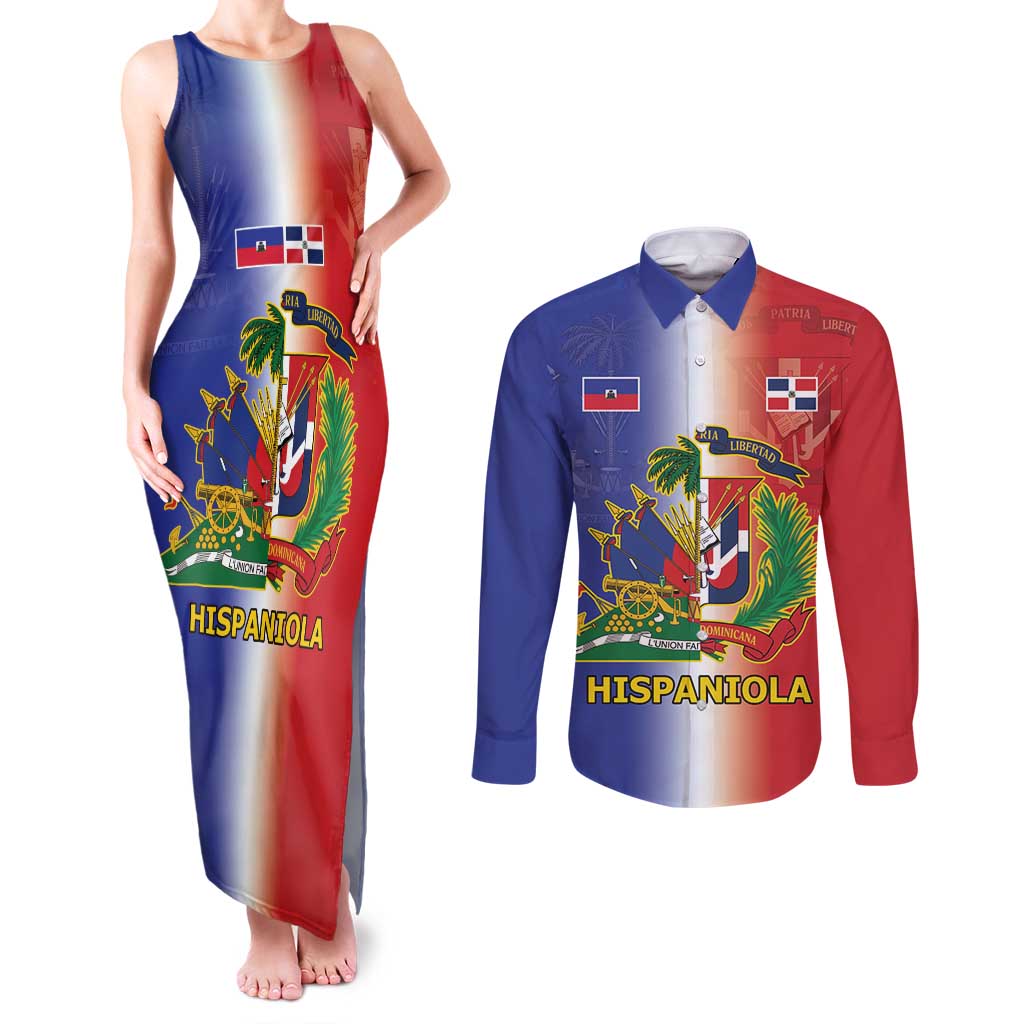 Hispaniola Personalized Couples Matching Tank Maxi Dress and Long Sleeve Button Shirt Dominican Republic Haiti Map