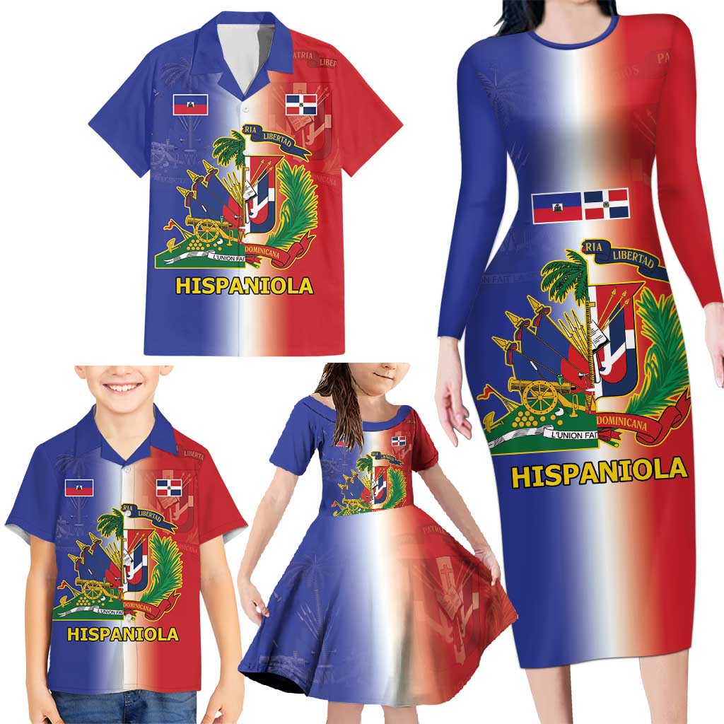 Hispaniola Personalized Family Matching Long Sleeve Bodycon Dress and Hawaiian Shirt Dominican Republic Haiti Map