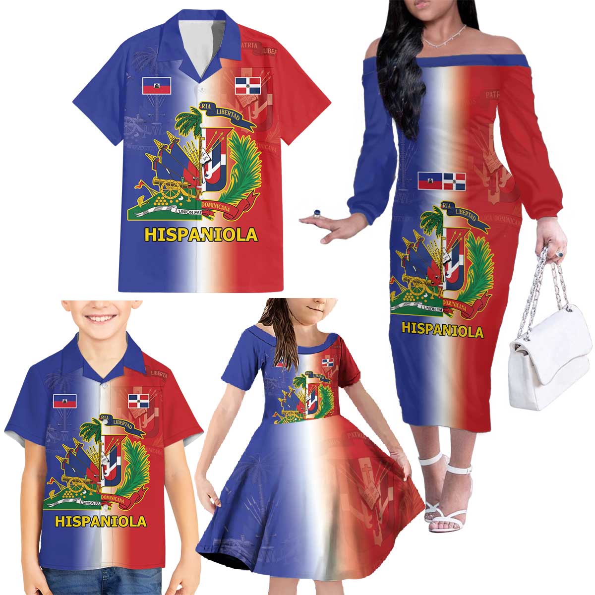 Hispaniola Personalized Family Matching Off The Shoulder Long Sleeve Dress and Hawaiian Shirt Dominican Republic Haiti Map