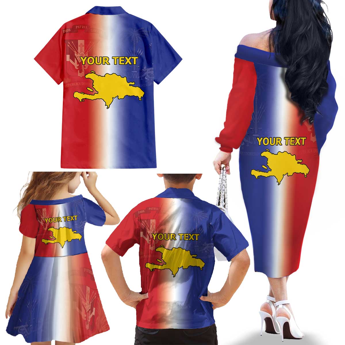 Hispaniola Personalized Family Matching Off The Shoulder Long Sleeve Dress and Hawaiian Shirt Dominican Republic Haiti Map