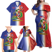 Hispaniola Personalized Family Matching Off Shoulder Maxi Dress and Hawaiian Shirt Dominican Republic Haiti Map