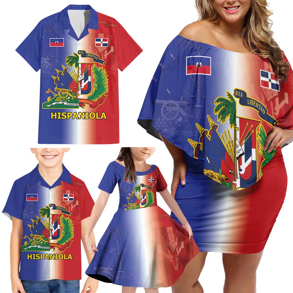 Hispaniola Personalized Family Matching Off Shoulder Short Dress and Hawaiian Shirt Dominican Republic Haiti Map