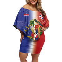Hispaniola Personalized Family Matching Off Shoulder Short Dress and Hawaiian Shirt Dominican Republic Haiti Map