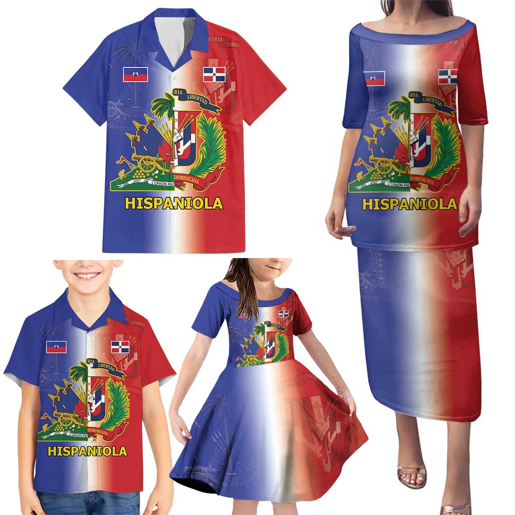 Hispaniola Personalized Family Matching Puletasi and Hawaiian Shirt Dominican Republic Haiti Map