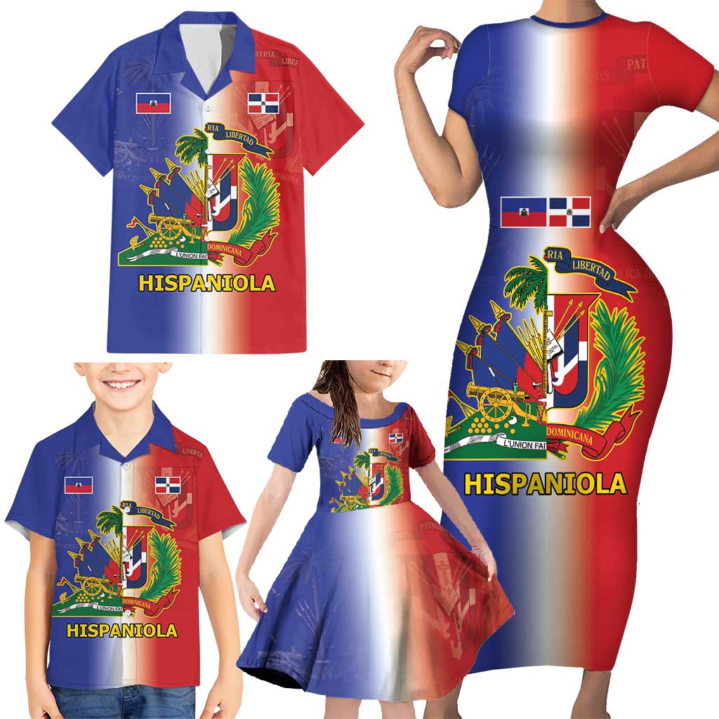 Hispaniola Personalized Family Matching Short Sleeve Bodycon Dress and Hawaiian Shirt Dominican Republic Haiti Map