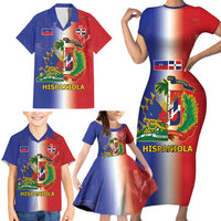 Hispaniola Personalized Family Matching Short Sleeve Bodycon Dress and Hawaiian Shirt Dominican Republic Haiti Map