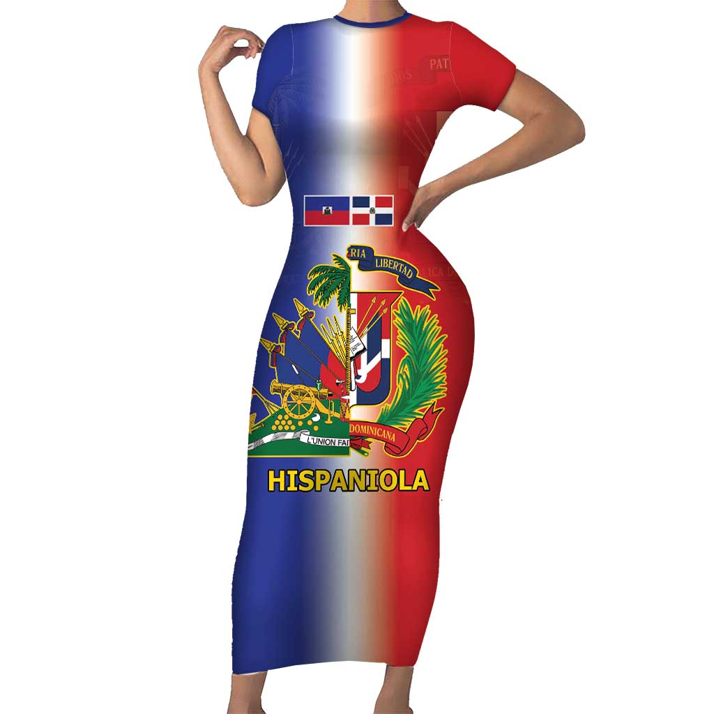 Hispaniola Personalized Family Matching Short Sleeve Bodycon Dress and Hawaiian Shirt Dominican Republic Haiti Map