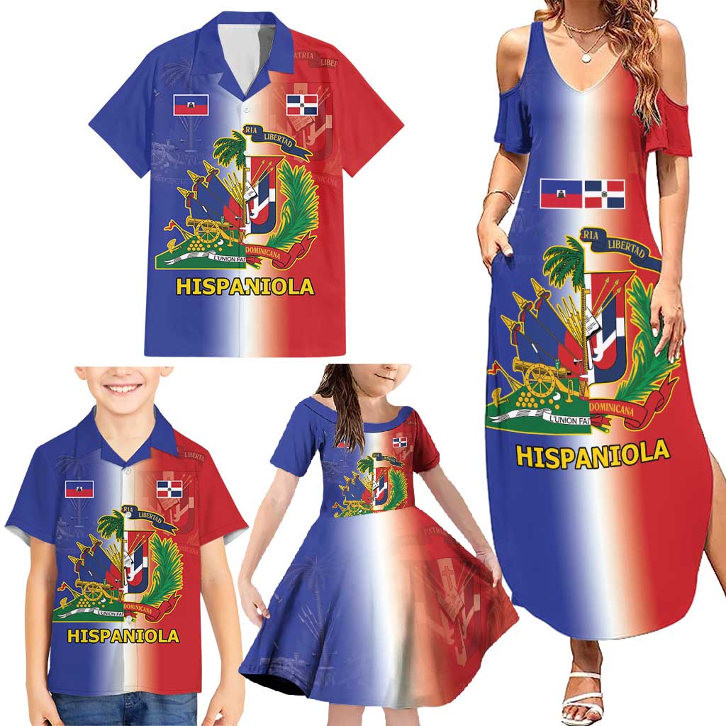 Hispaniola Personalized Family Matching Summer Maxi Dress and Hawaiian Shirt Dominican Republic Haiti Map