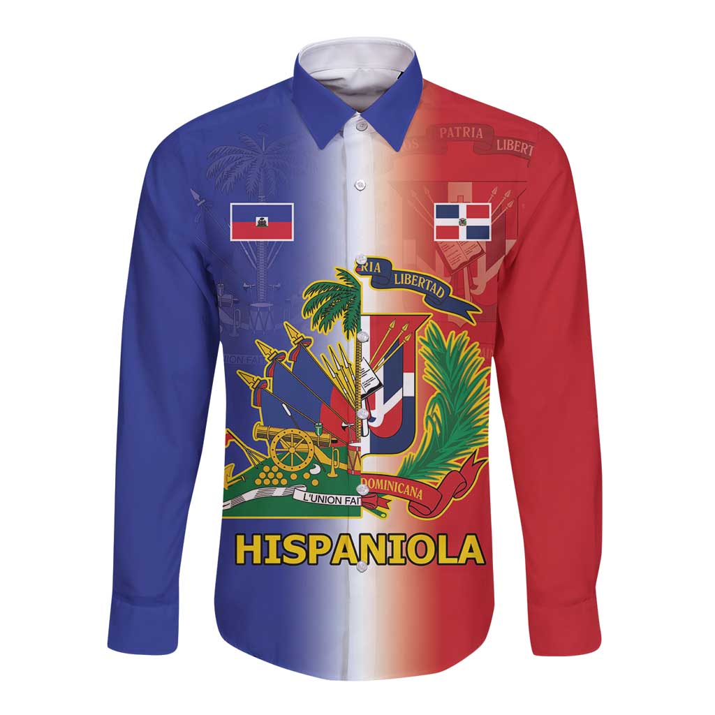 Hispaniola Personalized Long Sleeve Button Shirt Dominican Republic Haiti Map
