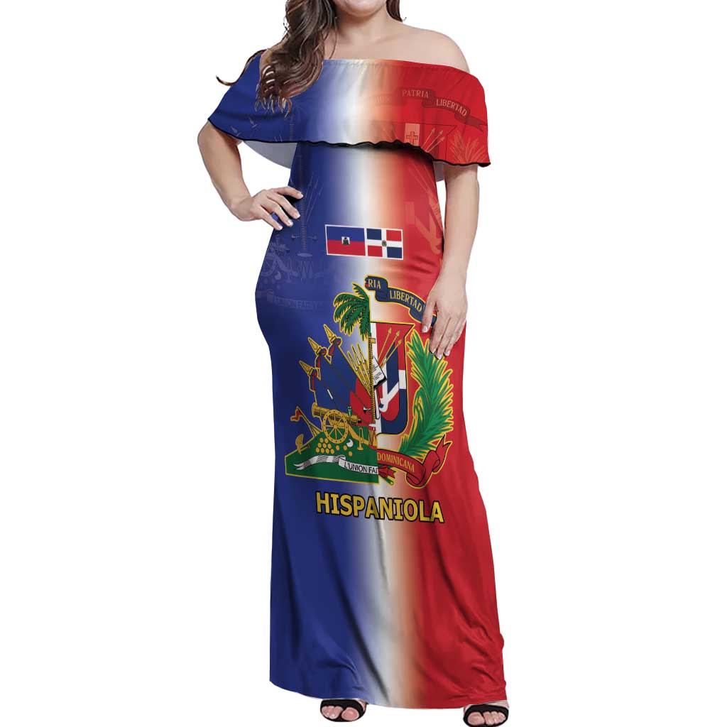 Hispaniola Personalized Off Shoulder Maxi Dress Dominican Republic Haiti Map