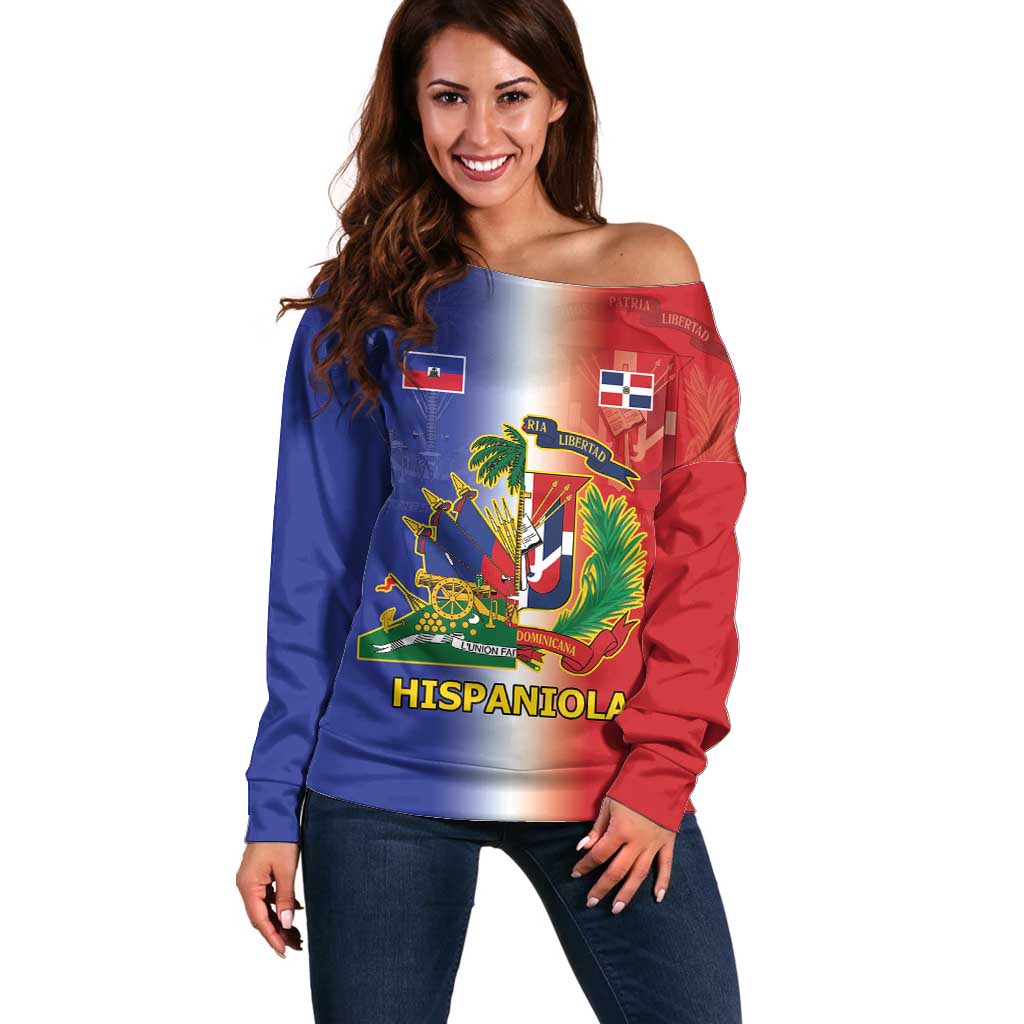 Hispaniola Personalized Off Shoulder Sweater Dominican Republic Haiti Map