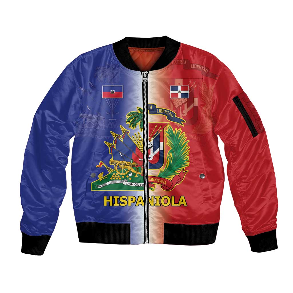 Hispaniola Personalized Sleeve Zip Bomber Jacket Dominican Republic Haiti Map